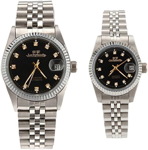 Gift w/ Box Luxury Pair of Couples Lovers Women Men Diamond Stainless Steel Automatic Self Wind Date Watch Black Sliver