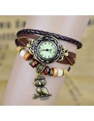 KANO BAK Green Quartz Fashion Weave Wrap Around Leather Bracelet Lady Woman Wrist Watch
