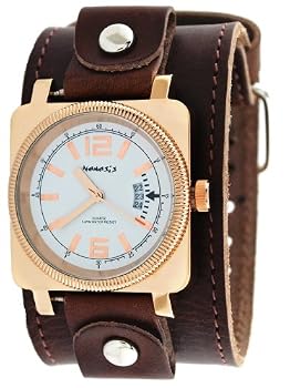 Nemesis #BLBB062W Men's Rose Gold Tone Square Premium Wide Leather Cuff Band Watch