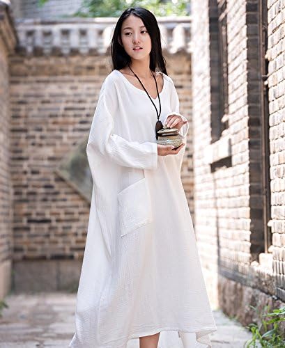 BELLEFILLES Womens Vintage Loose Fitting Cotton Linen Dress Long Gown Bust>160CM