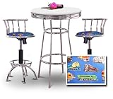 Chrome Bar Table & 2 Chrome Adjustable 24"-29" Blue Train Fabric Seat Barst ....