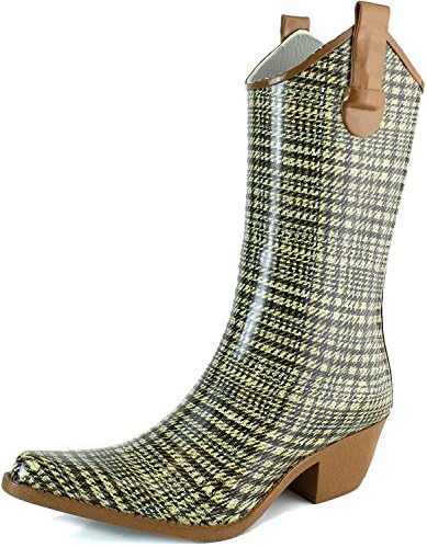DailyShoes Cowboy Brown White Plaid Prints High Heel Rain Boots,Size 8,8 B(M) US