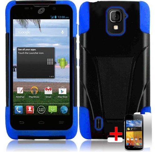 ZTE Majesty Z796c Black Blue Hybrid T Kickstand Cover Hard Gel Case + Free Screen Protector From [Accessory Arena]