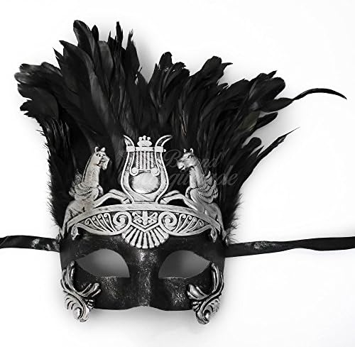Mens Roman Silver Masquerade Mask with Feathers
