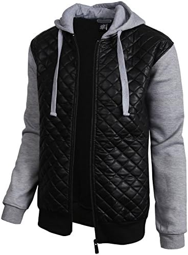 Mens Diamond Quilted Faux Leather Hoodie Hooded Jacket Hip Hop Urban Fitted Sweatshirt