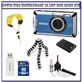 Pentax Optio W80 Waterproof 12.1MP Digital Camera (Azure Blue) + Pentax Floating Strap + Transcend 8GB SDHC w/ Card Reader/Writer + Joby Mini Table Top Tripod + Spare D-LI78 Rechargeable Li-Ion Battery