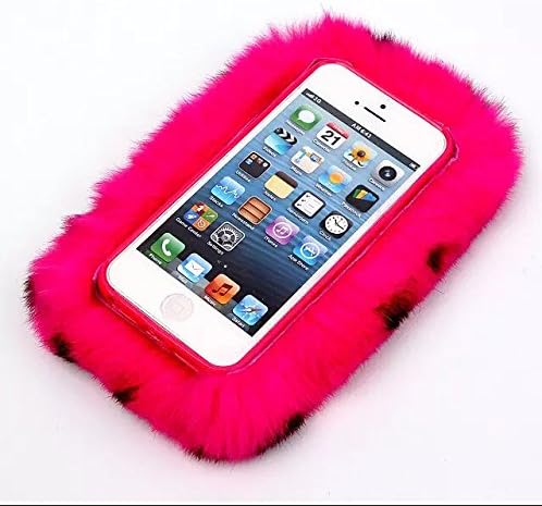Datha(tm) for Apple Iphone 5/5s Case Luxury Stylish Bling Fluffy Cover Plush Rex Rabbit Hair Fur Cases for Iphone 5 Decorative Handmade Cover -Rose Leopard