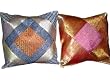 2 AirForce Blue Cushion Covers Orange Vintage Silk Sari Zari Borders Toss Pillow Shams 16"