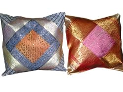2 AirForce Blue Cushion Covers Orange Vintage Silk Sari Zari Borders Toss Pillow Shams 16"