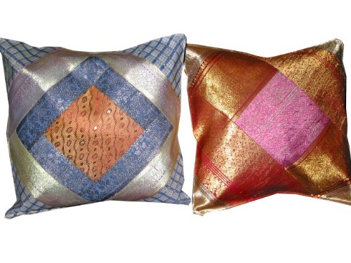 2 AirForce Blue Cushion Covers Orange Vintage Silk Sari Zari Borders Toss Pillow Shams 16