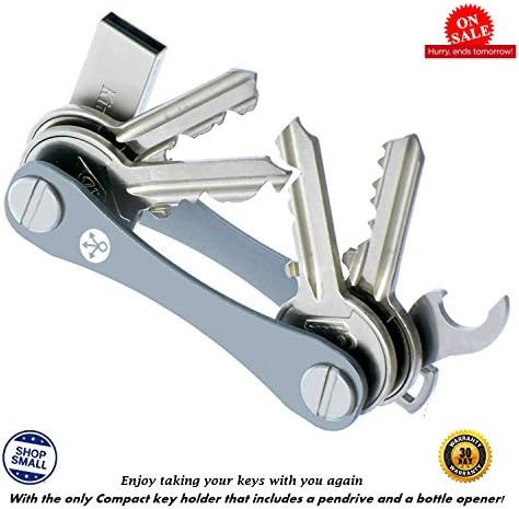 Compact key holder with 8gb Kingston flashdrive and bottle opener/ Swiss Army style key organizer. Holds 2-16 keys (Silver)