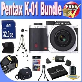 Pentax K-01 16MP APS-C CMOS Compact System Camera [Body] (White) + Extended Life Battery + 32GB SDHC Class 10 Memory Card + USB Card Reader + Memory Card Wallet + Deluxe Case w/Strap + Shock Proof Deluxe Case + Mini HDMI to HDMI Cable + Professional Full Size Tripod + Accessory Saver Bundle!