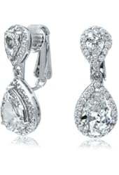 Bling Jewelry CZ Clear Double Teardrop Clip On Bridal Dangle Earrings Crown Set Rhodium Plated