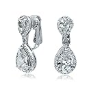 Bling Jewelry CZ Clear Double Teardrop Clip On Bridal Dangle Earrings Crown Set Rhodium Plated
