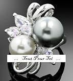 Bague plaqué or blanc 18 K perle blanche et noire CZ transparent femme T 54