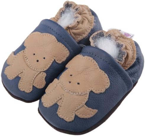 Kidzuu Soft Sole Baby Infant Leather Crib Shoes Navy Blue Beige Dog