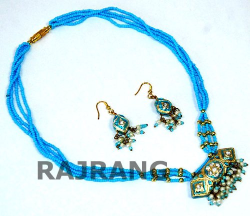 Unique Women Fashion Wear Indian Rajrang Handmade Bellydance Costume Blue Beads Imitation Bridal Wedding Fashion Lakh / Lac Kundan Jewelry Jewellery Earrings Necklace
