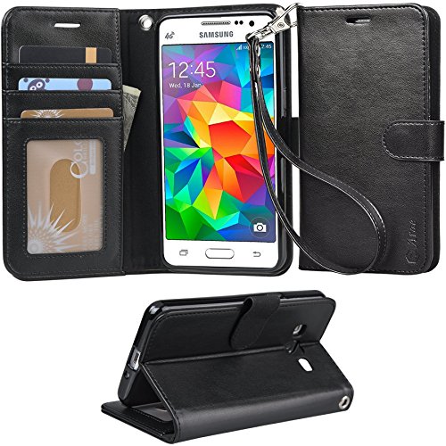 Grand Prime Case, Arae Samsung Galaxy Grand Prime wallet case,[Wrist Strap] Flip Folio [Kickstand Feature] PU leather wallet case with ID&Credit Card Pockets For Samsung Galaxy Grand Prime (Black)