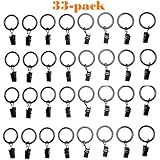 33-pack (1") 1 Inch Black Matte Metal Curtain Rings with Clips (33 Drapery Rings with Clips)