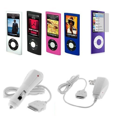 Accessory bundle kit: High quality Black, Blue, Clear and Pink Silicon Skin Cases + Auto Car Charger DC + Home Travel Charger AC + Clear Screen Protector for iPod Nano 5g Nano 5th Generation