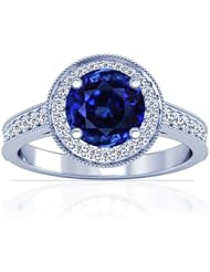 14K White Gold Round Cut Blue Sapphire Ring With Sidestones