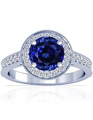 18K White Gold Round Cut Blue Sapphire Ring With Sidestones