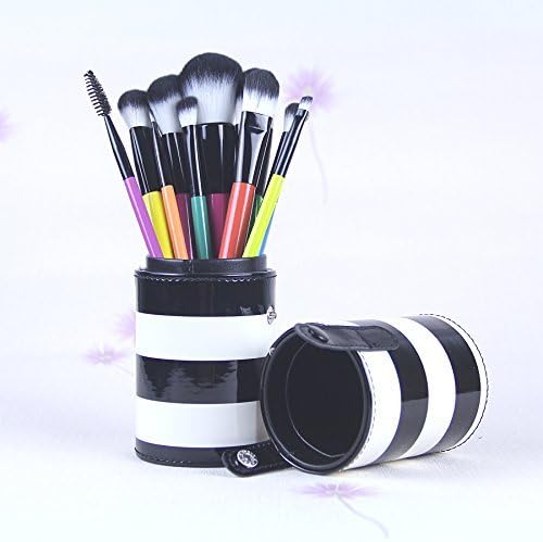 KINGLAKE® 10PCS Professional Makeup Brush Set Cosmetic Brush Kit Makeup Tool with Cup PU Leather Holder Case with Lovely Black &amp; White Stripe Pattern Brush Holder