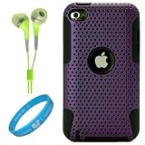 Metallic Purple Protective Rubberized Crystal Hard Snap-on Case and Black Silicone Gel Skin for Apple iPod Touch 4th Generation (8GB, 16GB, 32GB, 64GB) + INCLUDES!!! Green Hifi Noise Reducing Headphones + SumacLife TM Wisdom Courage Wristband