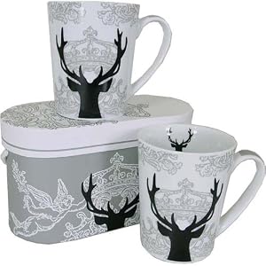 Royal Deer Holiday Silhouette Porcelain Mug Set in Carrying Box