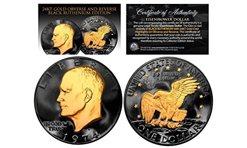 Black RUTHENIUM Eisenhower IKE Dollar Coin with 24KT Gold Clad Features 2-SIDED