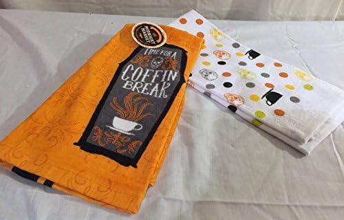 NEW 2pc SET HALLOWEEN KITCHEN DISH HAND TOWEL "TIME FOR A COFFIN BREAK" SKULL & COFFEE CUPS