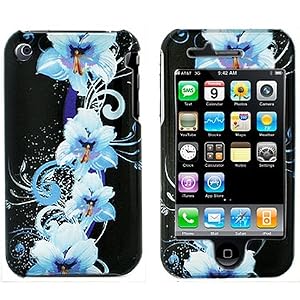 Blue Flower Snap on Hard Skin Cover Case for Apple Iphone 3g 3gs + Microfiber Cell Phone Bag