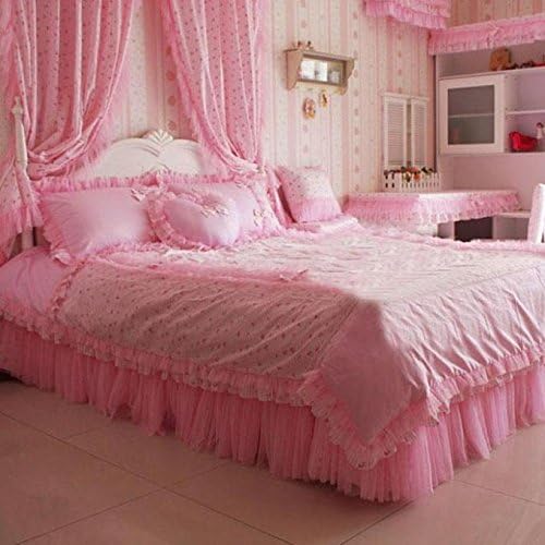 Cooperation Home Textiles, Korean Style Pink Princess Bedding Set, Lace Ruffle Bed Skirt, Lovely Bedding Set (Twin Size(5pc))