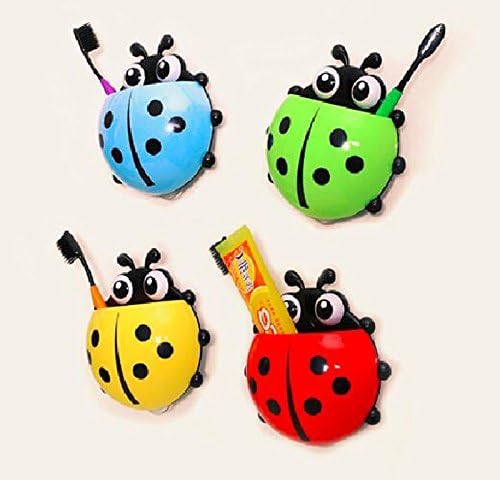 Cute Cartoon Ladybug Kids Wall Suction Cup Mount Toothbrush Holder Pencil and Pen Container Box Travel Organizer Plastic Pocket Storage Organizer (Red)