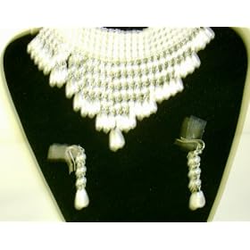 White Pearls and Crystal Choker Necklace and Matching Earrings for Women and Teens