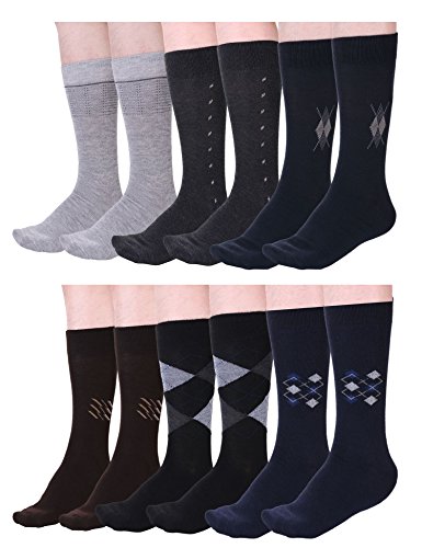 Men's 12 Pair Patterned Casual Dress Crew Business Work Socks Mid Calf Argyle