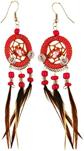 Hot Pink String, Bead & Feather Dream Catcher Earrings - 4" Drop Gift Boxed