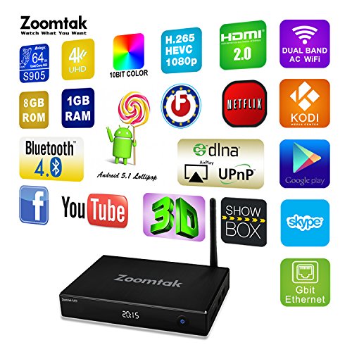 Zoomtak M9 TV Box Android 5.1 Amlogic S905 1GB 8GB with Kodi 16.1, Dual Band AC WiFi Bluetooth 4.0 Support 4K 60fps LED Display Streaming Media Player Gigabit LAN,Youtube,Rooted
