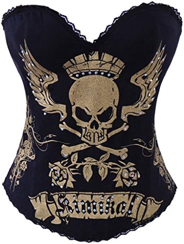 Hozoyo Women's Sexy Gothic Punk Skull Print Rock N Roll Boned Bustier Corset (Gold, L)
