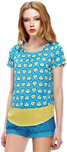 Elf Sack Womens Summer Blouse Round Neck Short Sleeve Printing Hearts Chiffon Medium Size Blue