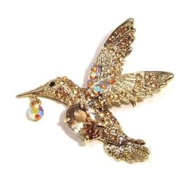 Yellow Topaz Austrian Rhinestone Hummingbird Gold Plated Brooch Pin