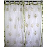 2 White Beaded Indian Sari Tab Curtains Sheers Panels by NovaHaat