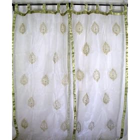 2 White Beaded Indian Sari Tab Curtains Sheers Panels by NovaHaat