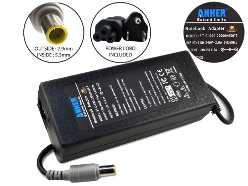 [3-Year Warranty] Anker� Golden Laptop AC Adapter + Power Supply Cord for IBM/Lenovo ThinkPad R60 R60E, T61 T60P T61P, X60 X60S X61 X61S, Z60 Z60M Z60T Z61 Z61E Z61P, N100 N200, T400 T410 T500, V100 V200, W500, Y100 Y300 Y500, 3000 0761 0764 Fits 92P1108 40Y7659 92P1160 [20V, 4.5A 90W 7.9*5.5mm Central Pin]