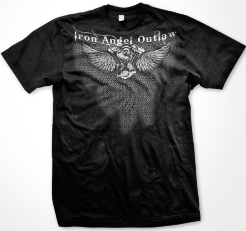  Iron Angel Outlaw Mens T-shirt, Motorcycle Engine with Wings and Hanging Chains Design Mens Shirt