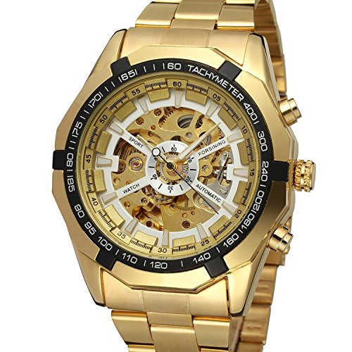 Fanmis mens skeleton automatic golden watch with stainless steel …