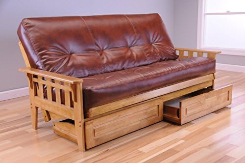 Wooden Futon Storage Drawers Mission Style Maple Color Light Wood Frame with Full Size Mattress