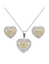 .925 Sterling Silver CZ Two Tone Filigree Heart Earrings and Matching Pendant-Necklace Set with 1.0mm Angle-cut Cable Rolo Chain - 16"+1" Inches Extension