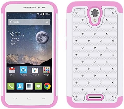 (Alcatel Onetouch Pop Astro) Iace(tm) Spot Diamond Dual Layer Hybrid Armor Cover Case + Screen Potector and Stylus Pen As Bundle Sale - (White Pink)