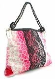 Pink Leather Handbag - Pink Leopard Hobo - Black Lace and Rhinestones